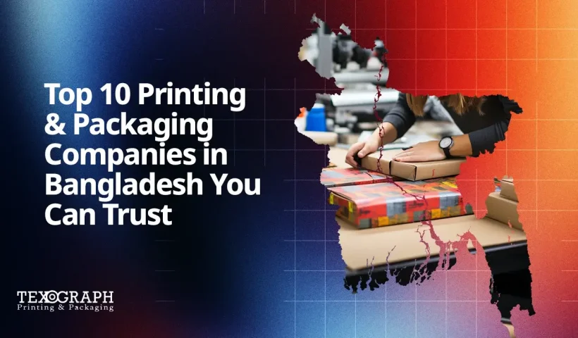 Top 10 trusted printing and packaging companies in Bangladesh with map overlay and packaging worker.