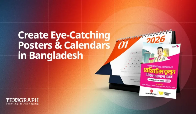 Create eye-catching posters & calendars in Bangladesh – vibrant 2026 desk calendar mockup with political campaign design and colorful gradient background by Texograph.